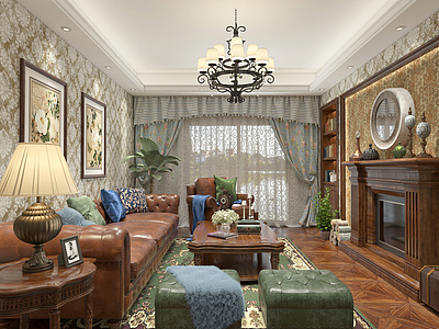 美式客厅空间表现整体模型
