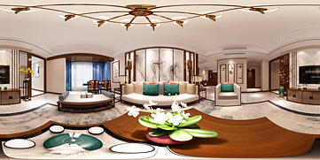 新中式客厅餐厅全景模型