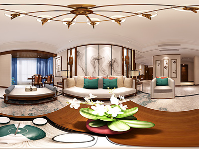 新中式客厅餐厅整体全景模型