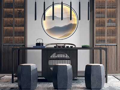 新中式茶桌椅吊灯组合3d模型