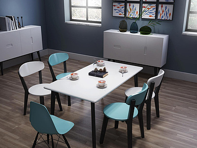 宜家现代简约餐桌椅餐边柜家具组合整体模型