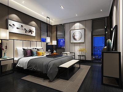 新中式卧室床具整体模型