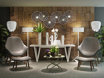 现代休闲椅子边几台灯植物墙式组合整体模型