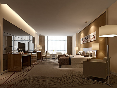 现代酒店标准单人间卧房整体模型