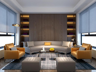 现代沙发茶几创意落地灯组合整体模型