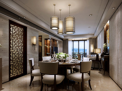 中式风格客餐厅整体模型
