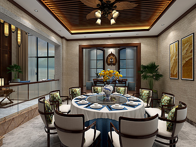 现代中式东南亚客餐厅3d模型
