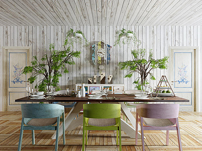 复古餐桌椅植物花艺室内盆景树组合3d模型3d模型