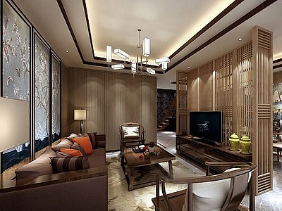 新中式现代沙发组合整体模型