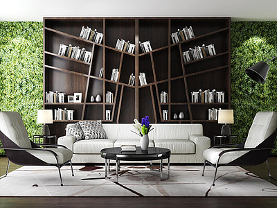 现代创意书架绿植墙休闲沙发椅组合整体模型