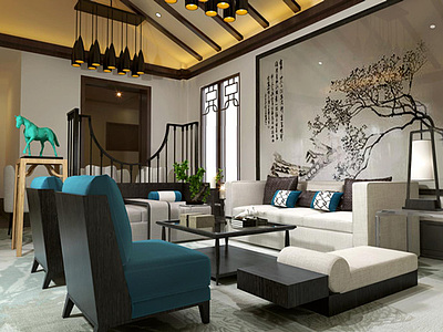 新中式客厅整体模型