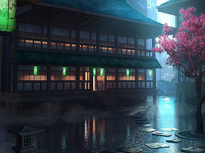 雨中的日式寺庙整体模型